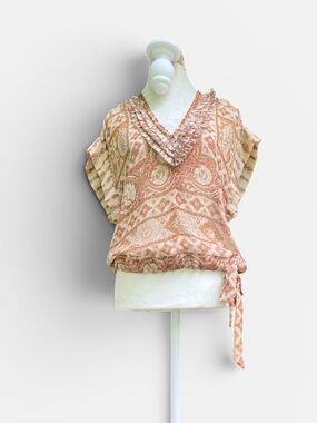 Anthropologie Burning Torch Silk Bohemian V-Neck Ruffle Blouse Size XS